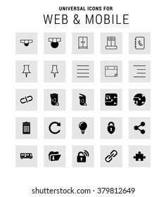 Set of 25 Universal icons. simple pictogram minimal, flat, solid, mono, monochrome, plain, contemporary style. Vector illustration web internet design elements