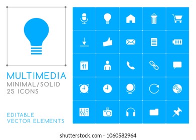 Set of 25 Universal Multimedia Icons on Color Background . Isolated Elements