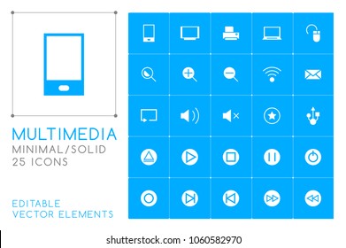 Set of 25 Universal Multimedia Icons on Color Background . Isolated Elements