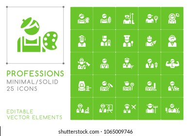 Set of 25 Universal Professions Icons on Color Background . Isolated Elements