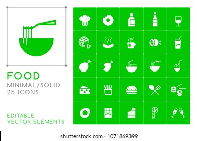 Set of 25 Universal Solid Food Icons on Color Background . Isolated Elements