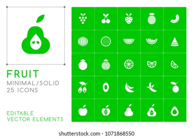 Set of 25 Universal Solid Fruit Icons on Color Background . Isolated Elements