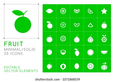 Set of 25 Universal Solid Fruit Icons on Color Background . Isolated Elements