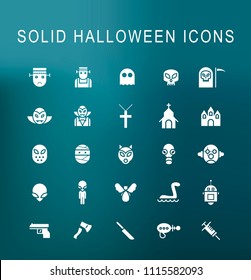Set of 25 Universal Solid Halloween Icons on Dark Background . Isolated Elements
