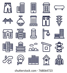 Set of 25 urban outline icons such as escalator up, building, pants, hoodie, house, pylon, skate, bridge, traffic light, house builidng, builidng, city landscape, street lamp