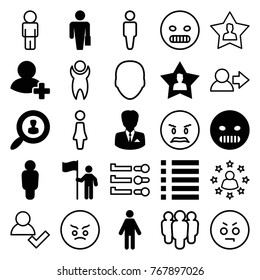 Set of 25 user filled and outline icons such as man with case, angry emot, man, user, add friend, menu, businessman, man with flag, face, woman, group