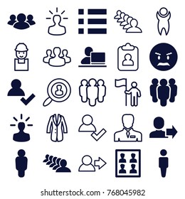 Set of 25 user filled and outline icons such as man, group, add user, angry emot, menu, photo for passport, worker, clipboard, businessman, jacket, man with flag