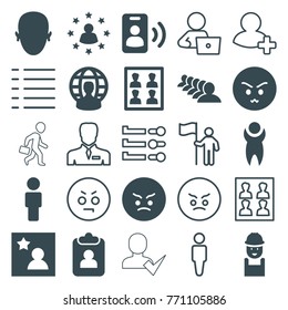 Set of 25 user filled and outline icons such as group, worker, angry emot, clipboard, user, photo for passport, favorite photo, man, call, man with laptop, businessman
