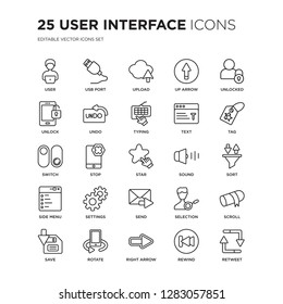 Set of 25 User interface linear icons such as User, Usb port, Upload, Up arrow, Unlocked, Tag, Sort, Scroll, Rotate, Retweet, vector illustration of trendy icon pack. Line icons with thin line stroke.