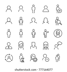 Set of 25 user thin line icons. High quality pictograms of person. Modern outline style icons collection. People, avatar, business, human, etc.