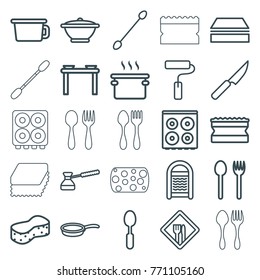 Set of 25 utensil outline icons such as cotton buds, sponge, cooker, fork and spoon, pan, pot, table with plates and pan, spoon, paint roller, restaurant, knife