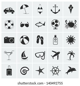 Set of 25 vacation and beach icons. Vector illustration.