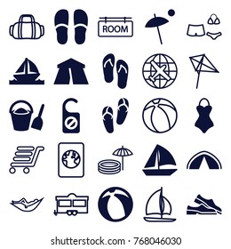 Set of 25 vacation filled and outline icons such as tent, flip flops, slippers, sailboat, boat, umbrella, swimsuit, beach ball, bucket and shovel, plane, kite