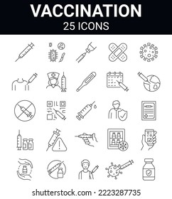 Set  of 25 vaccination line icons. Editable stroke. 