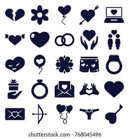 Set of 25 valentine filled icons such as flower, broken heart, heart with wings, bow, engagement ring, ring, women couple, love letter