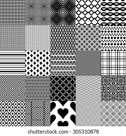 Set of 25 various abstract  patterns. Fantasy background with geometric shapes,  zigzag, chevron, circle, rhombus, hearts,flowers. Classic, illusion and tribal black and white seamless wallpaper. 