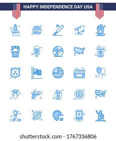 Set of 25 Vector Blues on 4th July USA Independence Day such as cake; party; baseball; decoration; american Editable USA Day Vector Design Elements