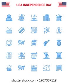 Set of 25 Vector Blues on 4th July USA Independence Day such as usa; bag; liquid; american; building Editable USA Day Vector Design Elements