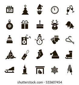 Set of 25 vector Christmas and winter black icons on white background