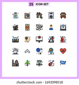 Set of 25 Vector Filled line Flat Colors on Grid for bus; technology; check; products; devices Editable Vector Design Elements