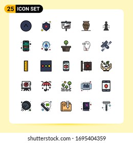 Set of 25 Vector Filled line Flat Colors on Grid for laptop; greece; bar; jar; ancient jar Editable Vector Design Elements