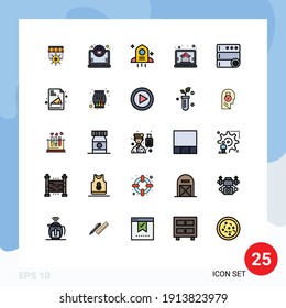 Set of 25 Vector Filled line Flat Colors on Grid for back to school; options; rocket; control; monitor Editable Vector Design Elements