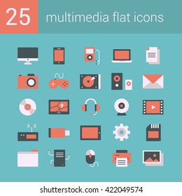 Set of 25 vector flat icons on a light-blue background