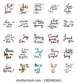 Set of 25 vector hand draw lettering. Ink draw illustration for postcard, greeting card and banner. Grunge lettering logo