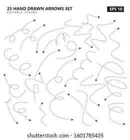 Set of 25 vector hand drawn dashed arrows editable stroke. Isolated on white background.