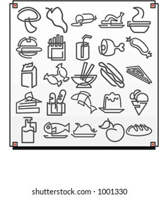 A set of 25 vector icons of food objects, where each icon is drawn with a single meandering line.