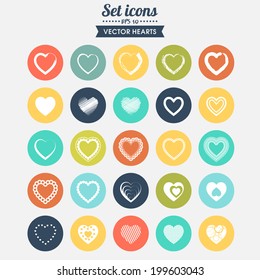 Set of 25 vector icons. Hearts with different registration. ?an be used for postcards with declarations of love on Valentine's day; for web pages, in computer design, banners, templates.