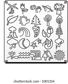 Ein Satz von 25 Vektorsymbols von Naturobjekten, in denen jedes Symbol mit einer einzigen Mandering-Linie gezeichnet wird.
