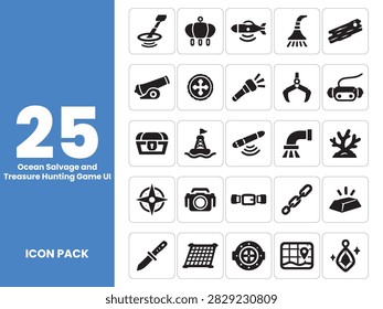 Set of 25 vector icons for ocean salvage, shipwreck exploration, and underwater treasure hunting game UI apps. Includes marine items like sunken ship, treasure chest, diver, metal detector, anchor, sonar display, lifting bag, and gold coins.