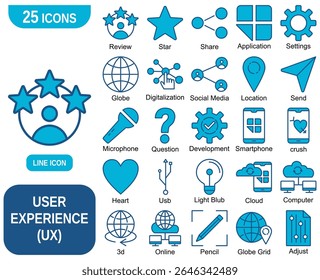 Conjunto de 25 ícones vetoriais relacionados à experiência do usuário (UX) e design
