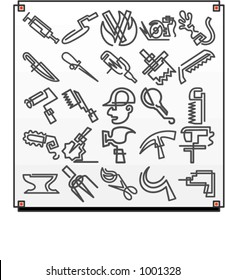 A set of 25 vector icons of tool objects, where each icon is drawn with a single meandering line.