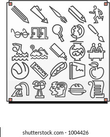 A set of 25 vector icons of university objects, where each icon is drawn with a single meandering line.