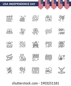 Set of 25 Vector Lines on 4th July USA Independence Day such as location pin; usa; independence; states; food Editable USA Day Vector Design Elements