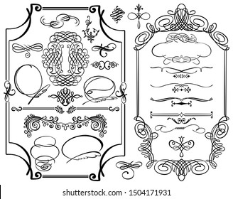 Set of 25 vector seamless ornate classic antique calligraphic style ornaments. Line borders, frames, dividers, vignettes, motifs. Isolated vintage decor elements of ornaments for custom design
