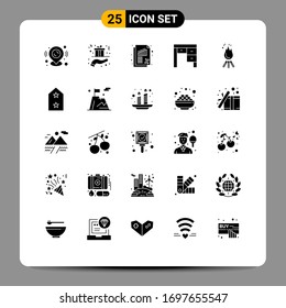 Set of 25 Vector Solid Glyphs on Grid for fire; furniture; present; desk; rate Editable Vector Design Elements