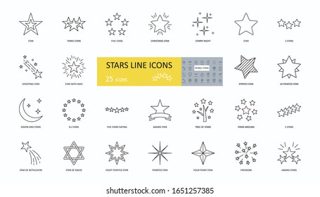 Set of 25 vector star icons with editable stroke. Linear stars are single, three, five. Christmas, Bethlehem, David, EU, fireworks, falling, with rays, striped, starry night, pointed.