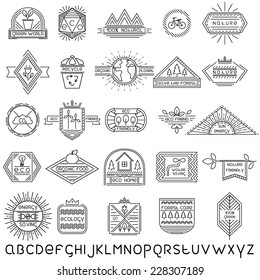 Set of 25 vector thin linear ecology labels and linear font