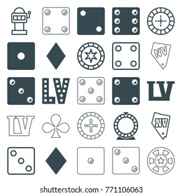 Set of 25 vegas filled and outline icons such as diamonds, dice, vegas, roulette, slot machine, casino chip