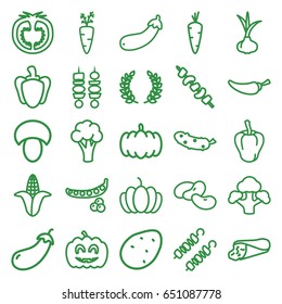 set of 25 vegetable outline icons such as mushroom, pumpkin, potato, onion, carrot, peas, pepper, eggplant, cauliflower, corn, bean, wrap sandwich