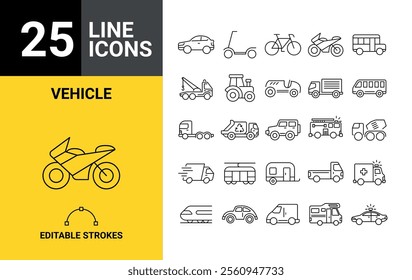 Set of 25 vehicle icons, police, firetruck, ambulance, in Vector Format.