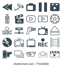 Set of 25 video filled and outline icons such as tv, movie clapper, rec, cd, pause, play back, camera, camera tape, movie tape, eject button, burst, play, remote control