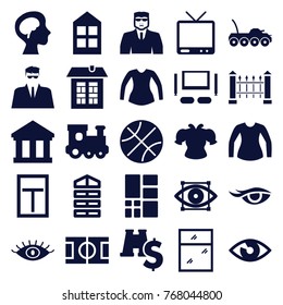 Set of 25 view filled icons such as shutter blinds, window, train toy, eye, security guy, blouse, bank, basketball, binoculars with dollar sign, tv, human brain, grid, tv set