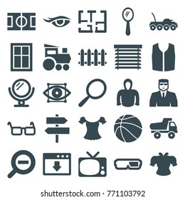 Set of 25 view filled icons such as window, toy car, mirror, security guy, sleeveless shirt, hoodie, 3d glasses, tv, download cloud, glasses, zoom out, plan, window shutter