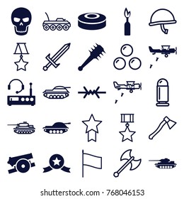 Set of 25 war filled and outline icons such as medal with star, skull, smoke bomb, mace, cannon, wire fence, listening device, tank, military plane, dynamite, sword