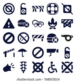 Set of 25 warning filled icons such as barrier, no fast food, do not disturb, no dry cleaning, welding glasses, bonfire, disabled, keep dry cargo, fan, traffic light
