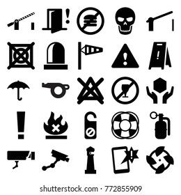 Set of 25 warning filled icons such as wind cone, lighthouse, security camera, do not disturb, wet floor, no bleaching, no dry cleaning, fan, important message, keep dry cargo